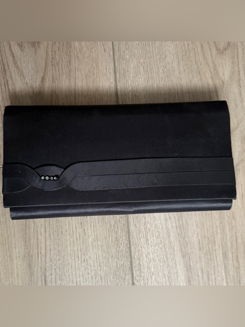1980s Black Satin Clutch Purse with Subtle Rhinestone Detail